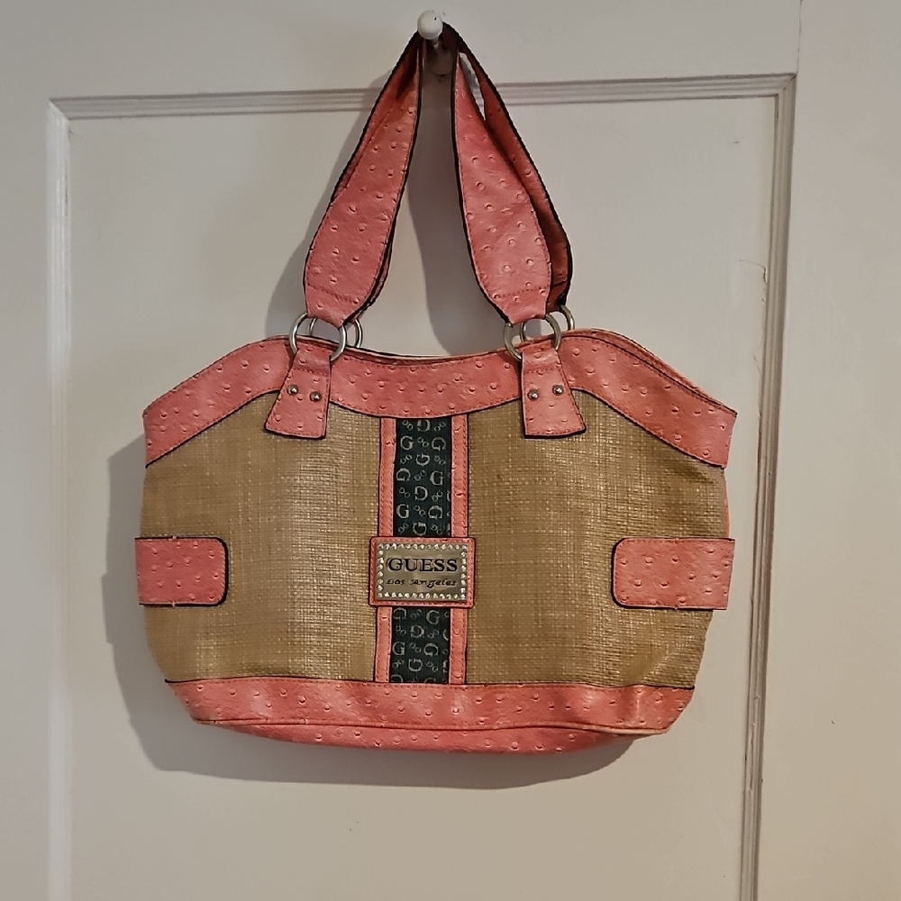 Guess Pink and Tan Tote Shoulder Bag